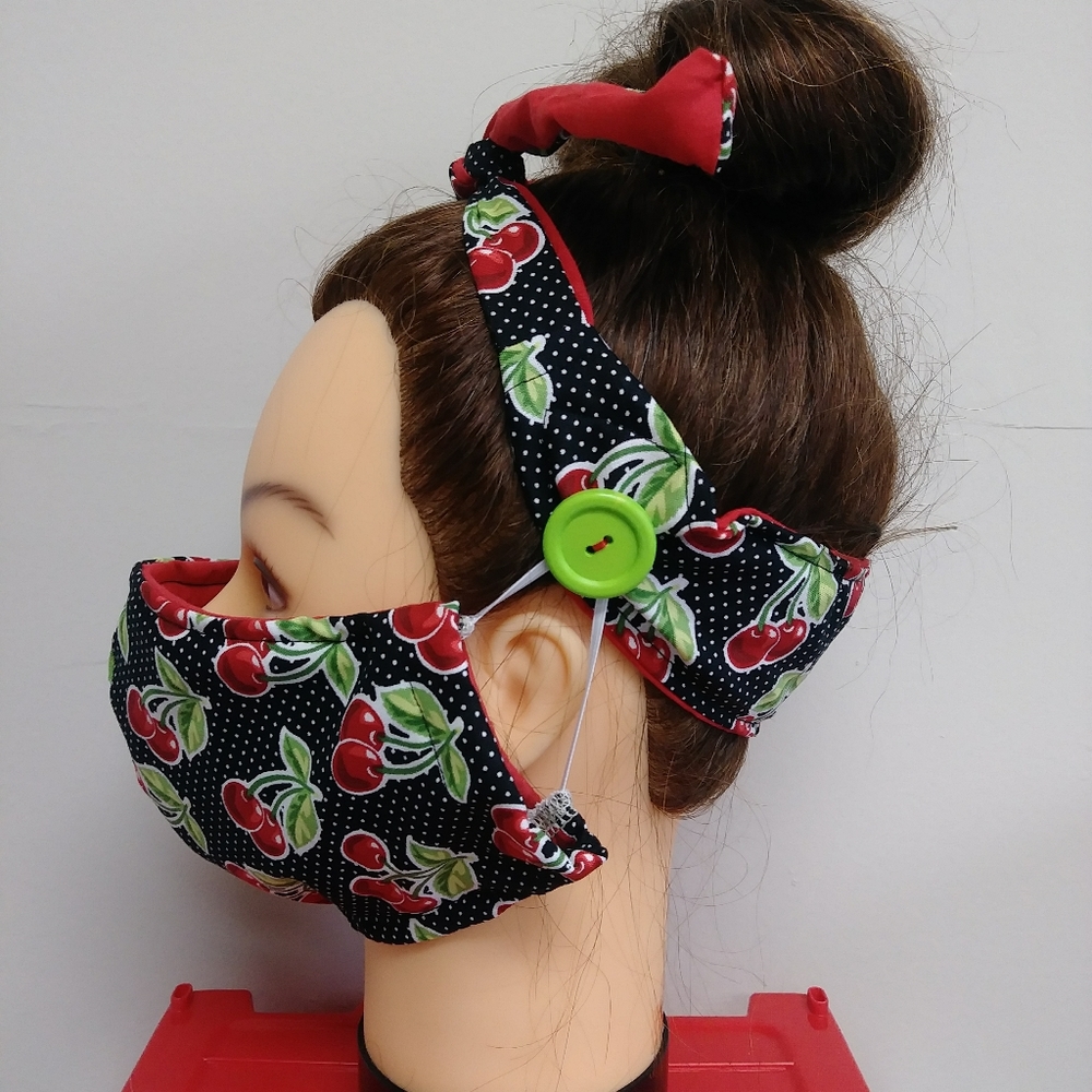 Black with cherries headband and mask set